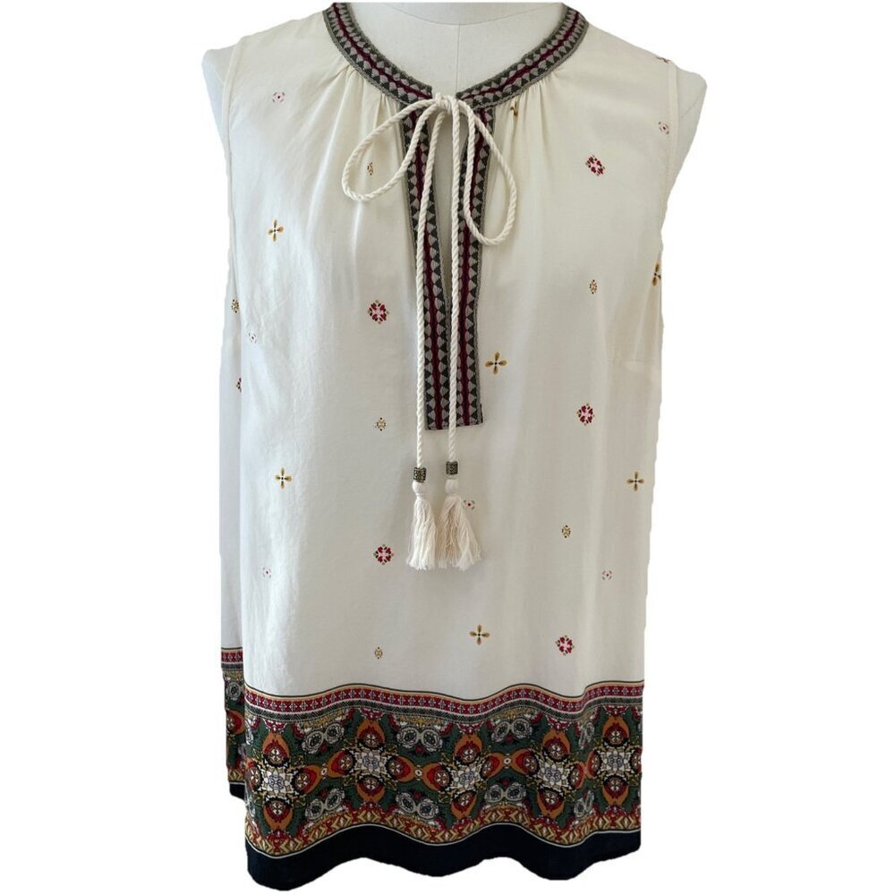 Daniel Rainn Tie Front Top Tunic Women's M Multicolor Tribal Print Tassels Boho